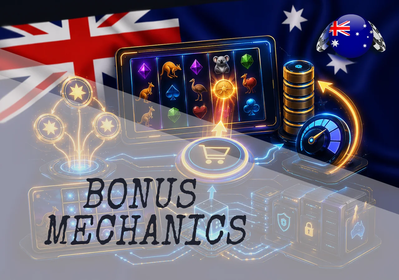 Bonus Buy pokies mechanics with purchase cost, guaranteed scatter trigger, free spins, RNG, and game engine